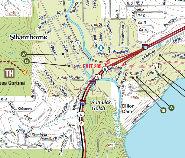 Street map of Silverthorne Colorado with Topographic underlays